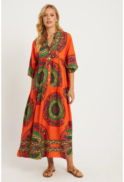 Kadın Turuncu-Yeşil Desenli Midi Elbise MGÇ169