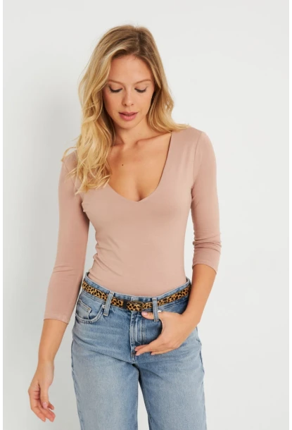 Kadın V Yaka Bluz Pudra AYD279