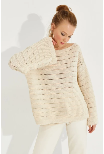 Kadın Vanilya Ajurlu Triko Bluz YV213