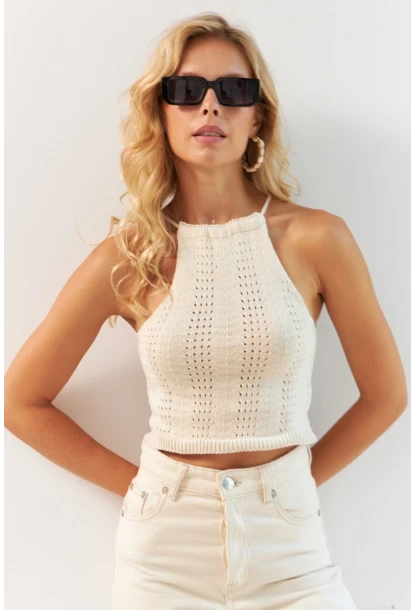 Kadın Vanilya Ayarlanabilir Boyunlu Triko Bluz MP20147