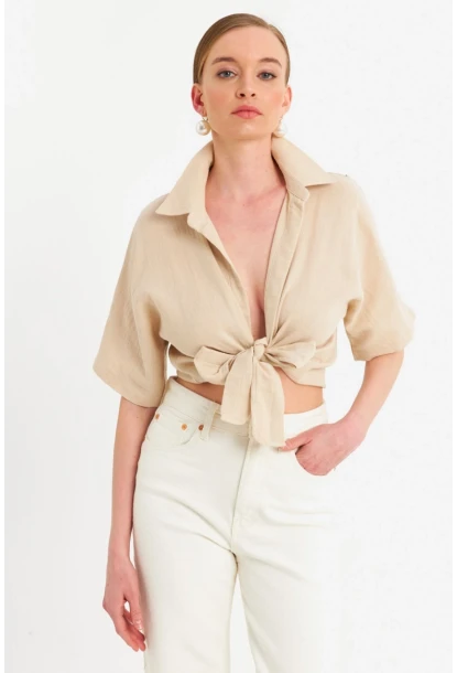 Kadın Vanilya Bağlamalı Keten Bluz BTH16