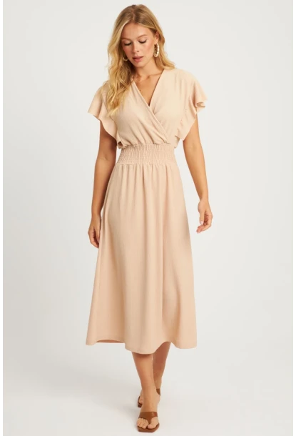 Kadın Vanilya Bürümcük Kruvaze Midi Elbise XL2008