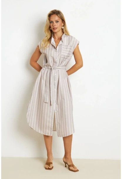 Kadın Vanilya Çizgili Midi Gömlek Elbise SF1000