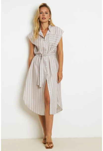 Kadın Vanilya Çizgili Midi Gömlek Elbise SF1000