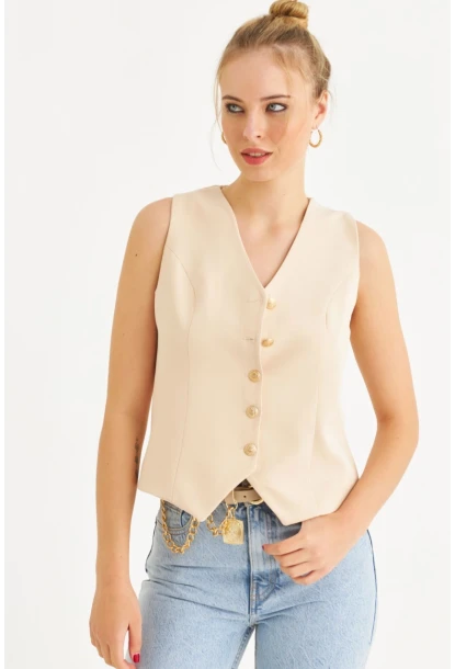 Kadın Vanilya Düğme Detaylı Astarlı Yelek SGT410