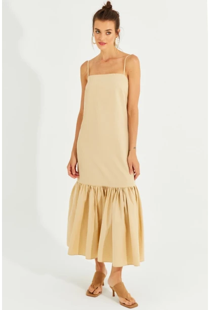 Kadın Vanilya Eteği Volanlı Askılı Midi Elbise MEN2001