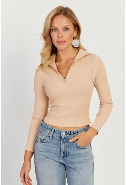 Kadın Vanilya Fermuarlı Kısa Bluz CY336