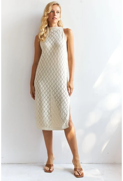 Kadın Vanilya Halter Yaka Triko Midi Elbise MP20134