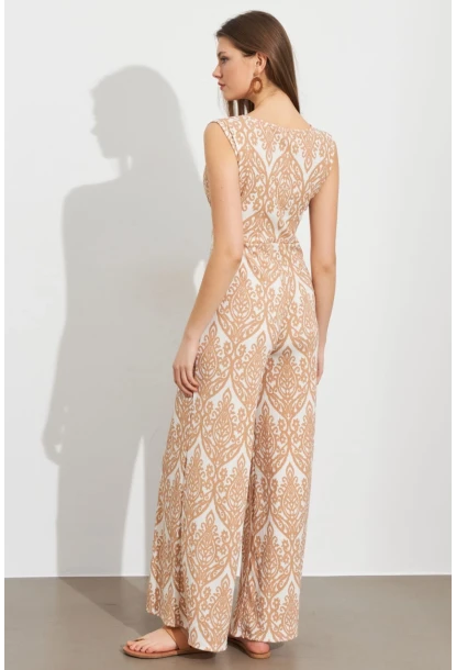 Kadın Vanilya Kruvaze Yaka Desenli Bürümcük Tulum MP430