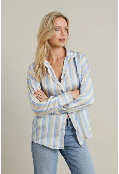 Kadın Vanilya-Mavi Desenli Saten Gömlek MSHR9