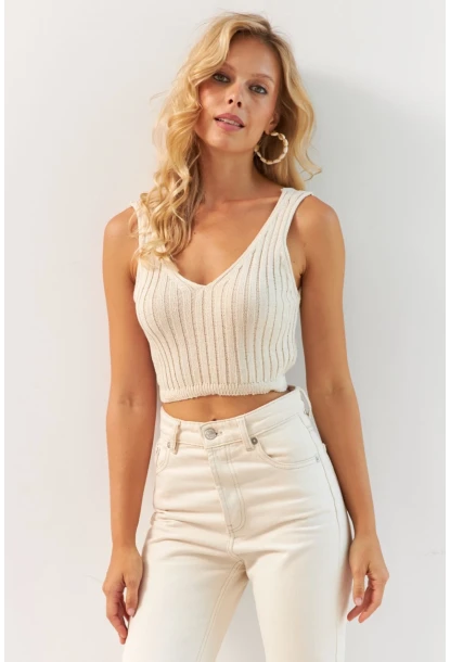 Kadın Vanilya Ön Arka V Triko Crop Bluz MP20136