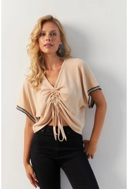 Kadın Vanilya Önü Büzgülü Bluz XL2039