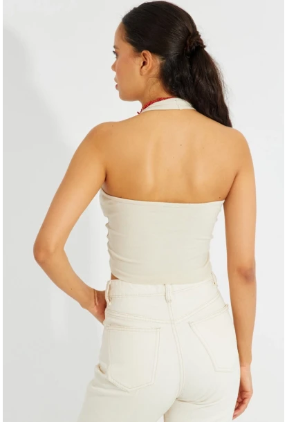 Kadın Vanilya Sırtı Açık Crop Bluz B2697
