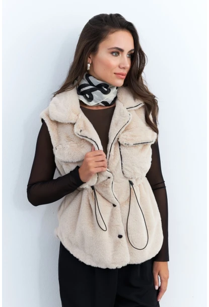 Kadın Vanilya Suni Kürk Cepli Yelek MK66