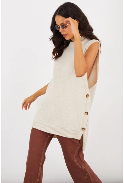 Kadın Vanilya Yanları Düğmeli Kolsuz Triko Tunik YV75