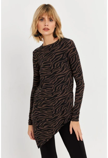 Kadın Vizon Asimetrik Zebra Desenli Tunik MLPP1186-1