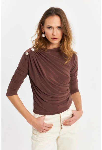 Kadın Vizon Düğme Detaylı Büzgülü Bluz LPP1223-1