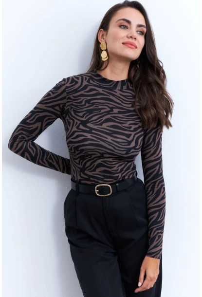 Kadın Vizon-Siyah Zebra Desenli Bluz LPP1275