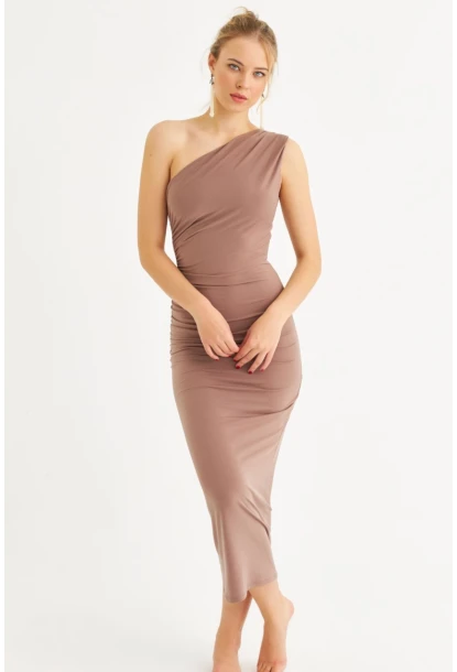 Kadın Vizon Tek Omuz Büzgülü Midi Elbise DMR294-90