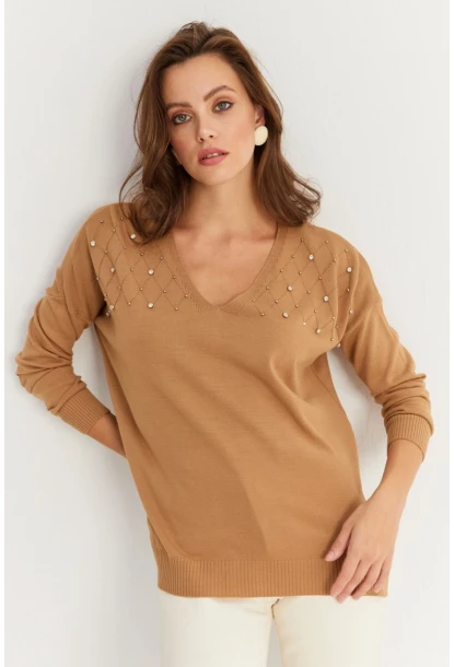 Kadın Vizon V Yaka Taşlı İnce Triko Bluz YİL002