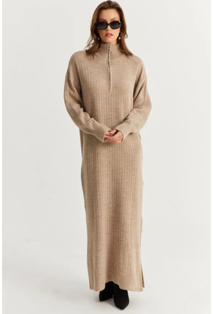 Kadın Vizon Yakası Fermuarlı Triko Maxi Elbise MNUV10