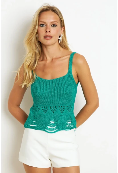 Kadın Yeşil Ajurlu Triko Bluz KAZ08