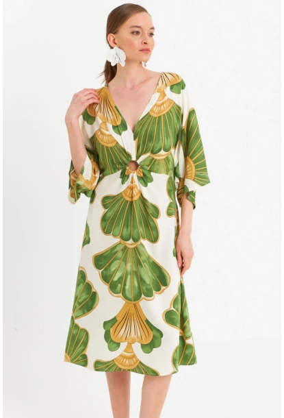 Kadın Yeşil-Beyaz Desenli Pencereli Midi Elbise Q1003