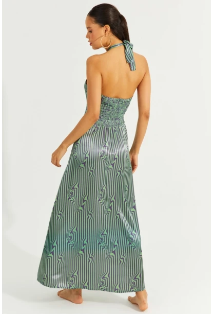 Kadın Yeşil Boyun Bağlamalı Sırtı Gipeli Maxi Elbise BK1664