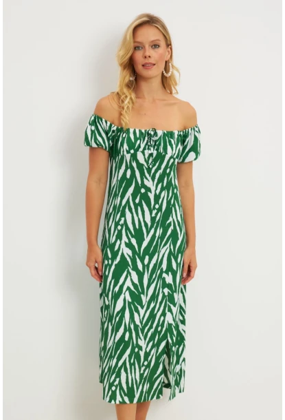 Kadın Yeşil Bürümcük Büzgülü Midi Elbise DY105