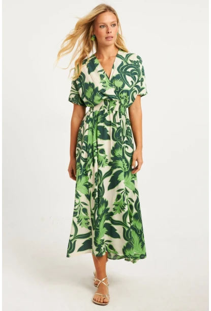 Kadın Yeşil Desenli Gipeli Midi Elbise YZ1055