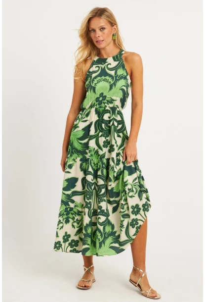 Kadın Yeşil Desenli Midi Elbise YZ1107