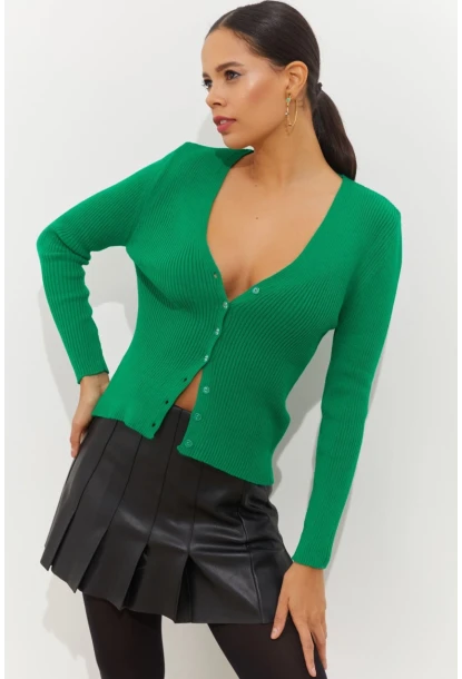 Kadın Yeşil Düğmeli Triko Bluz YV94