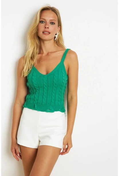 Kadın Yeşil Örgülü V Yaka Triko Bluz KAZ05