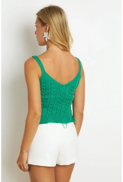 Kadın Yeşil Örgülü V Yaka Triko Bluz KAZ05