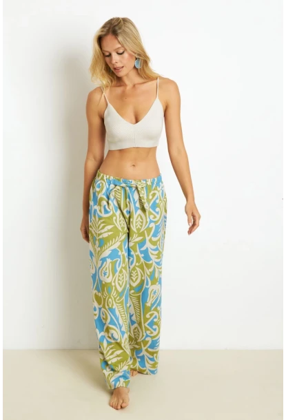 Kadın Yeşil Palozzo Desenli Keten Pantolon K1250