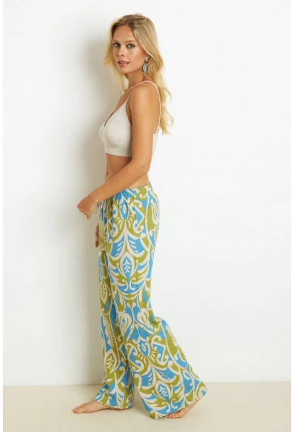 Kadın Yeşil Palozzo Desenli Keten Pantolon K1250