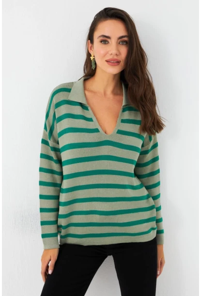 Kadın Yeşil Polo Yaka Çizgili Triko Kazak SE01