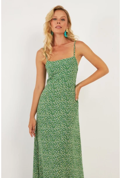 Kadın Yeşil Sırtı Gipeli Desenli Midi Elbise MP427