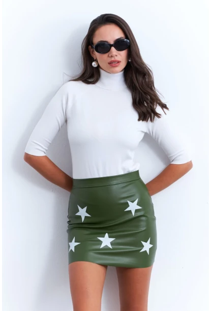 Kadın Yeşil Suni Deri Desenli Mini Etek NH92