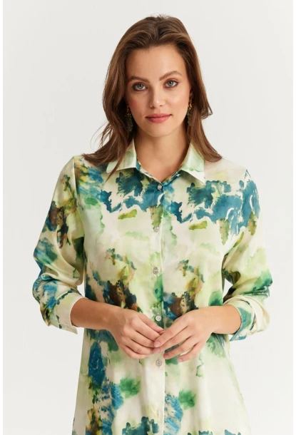 Kadın Yeşil Taş Düğmeli Desenli Gömlek MLVF9
