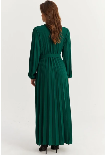 Kadın Zümrüt Yeşil Kemerli Plili Maxi Elbise ALZ500