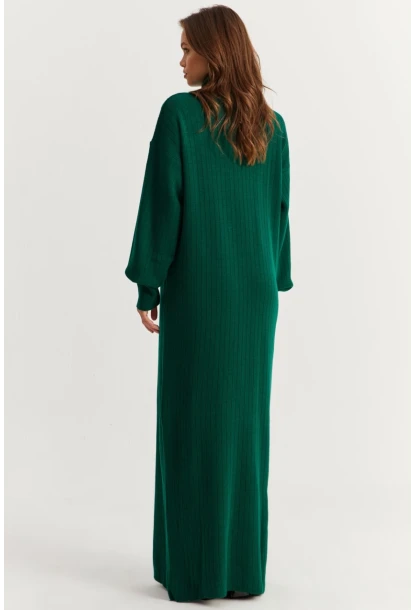 Kadın Zümrüt Yeşil Yakası Fermuarlı Triko Maxi Elbise MNUV10