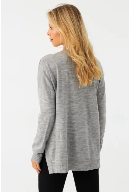 Kadın Açık Gri V Yaka Taşlı İnce Triko Bluz YİL002