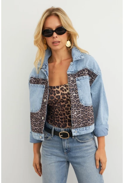 Kadın Açık-Mavi Bloklu Leopar Denim Ceket KAM300