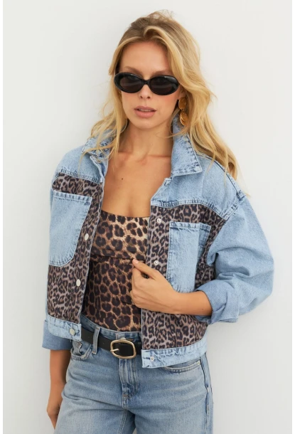 Kadın Açık-Mavi Bloklu Leopar Denim Ceket KAM300