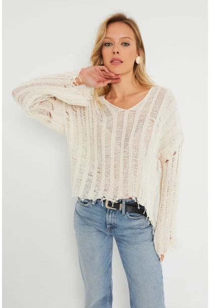 Kadın Ajurlu Triko Bluz Taş YZ618