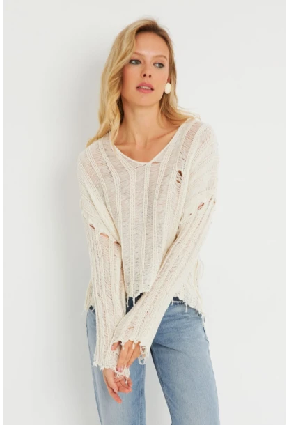 Kadın Ajurlu Triko Bluz Taş YZ618