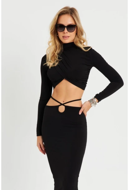 Kadın Alt Üst Büzgülü Crop Takım Siyah YEL86