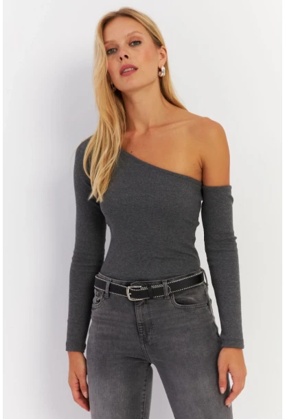 Kadın Antrasit Asimetrik Kollu Kaşkorse Bluz HOR1