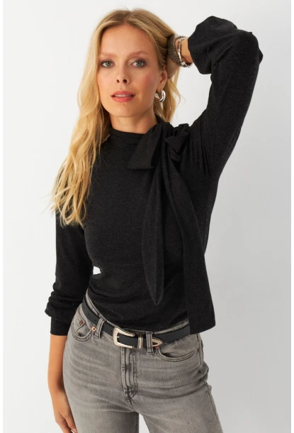 Kadın Antrasıt Boyun Bağlamalı Bluz MEY2993